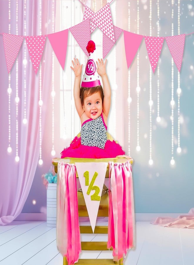 Untumble Half Birthday Decoration for Baby Girl - Pink Bunting Banner, 1/2 Birthday Cap, Triangle Bunting - Pack of 3 - Image 1